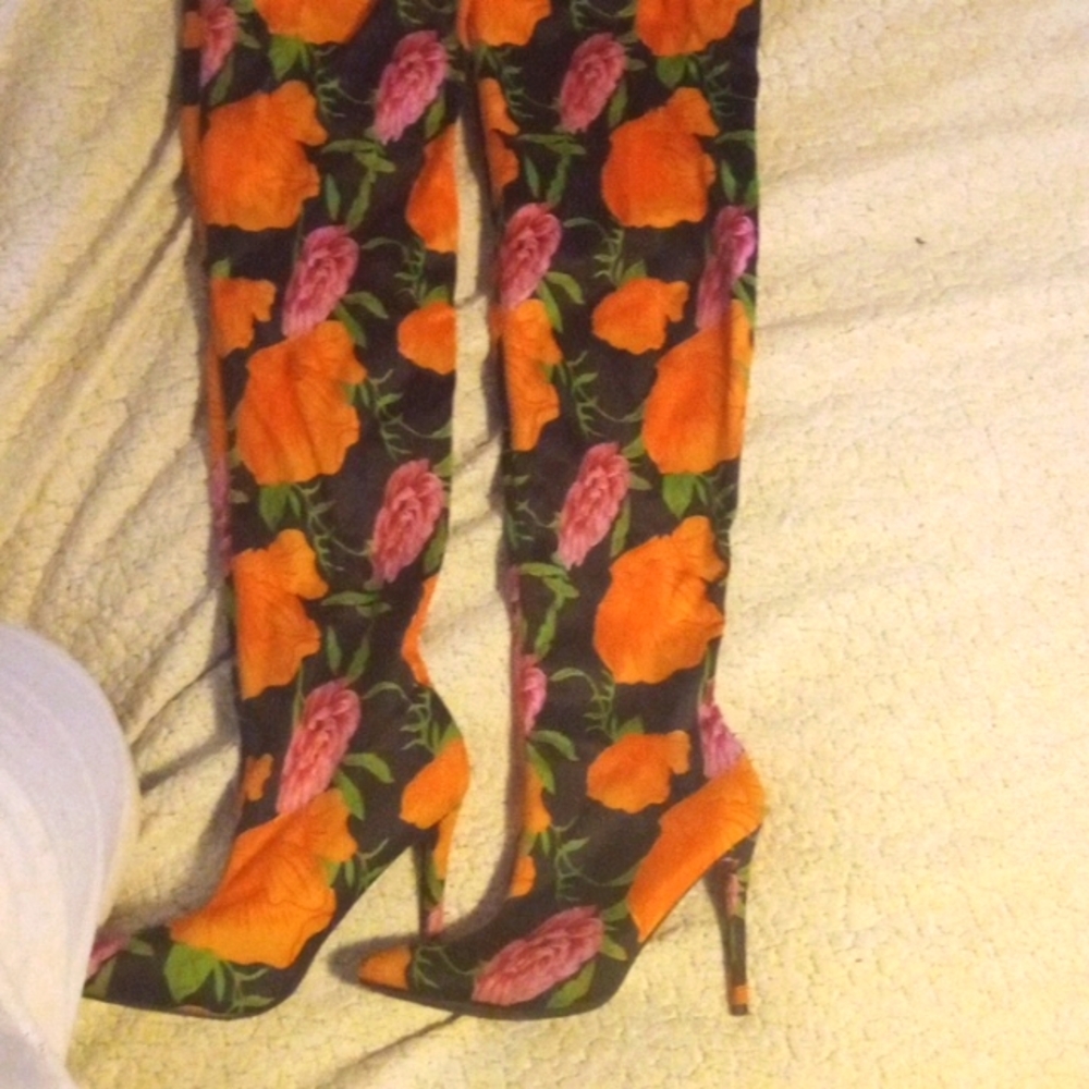 Black floral print THIGH HIGH BOOTS